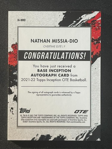 Nathan Missia-Dio - 2021-22 Topps Inception OTE RED AUTO - SP SN #5 /75 - Picture 2 of 2