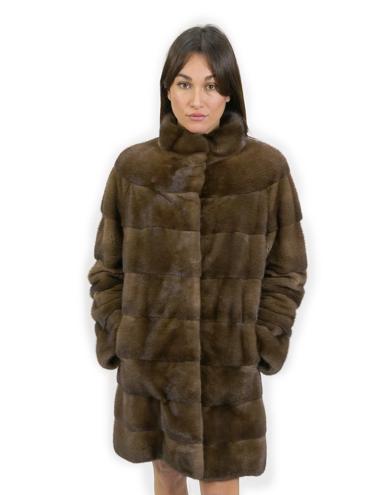 Korean scanbrown collar coat 90 cm long size 44 horizontal mink fur external poc