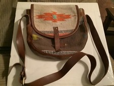 Native American Symbol Vintage Handbag, Wool Real Leather Not Marked, Long Strap