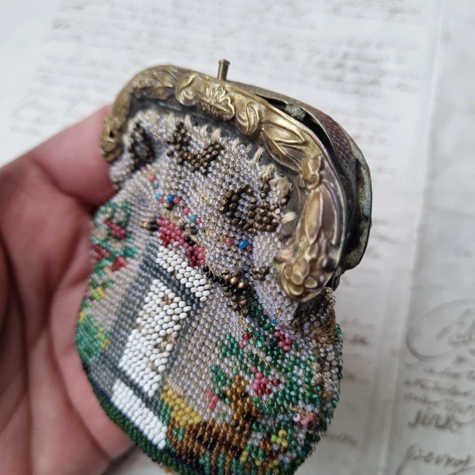 Cartera Perlas Principios XIX Chino MISER'S Glass Beaded BOLSO Perro 19thC - Imagen 4 de 4