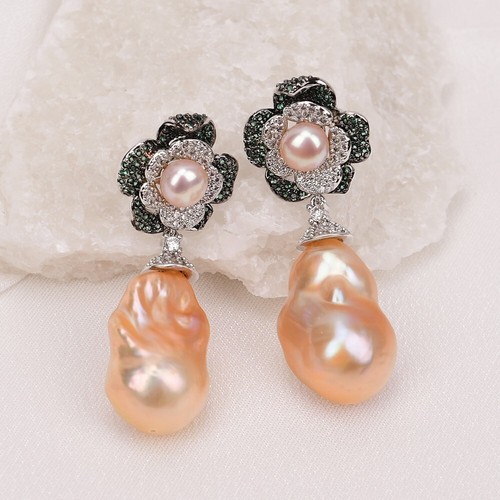 Cultured Pink Keshi Pearl Teardrop Cz Pave Flower Stud Gold Plated Gems Earrings - Picture 2 of 7