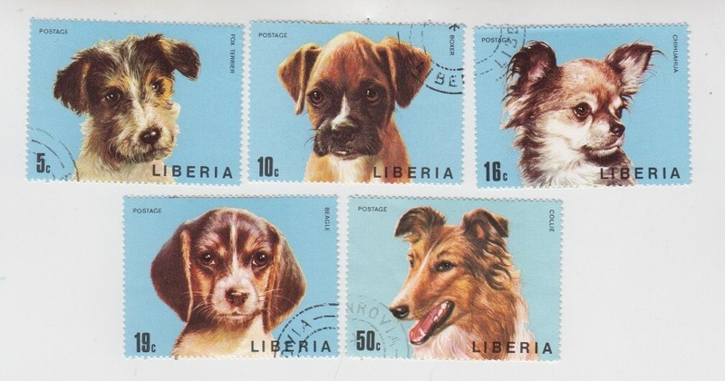 Liberia 1974. DOGS, Fox Terrier, Collie, Beagle, Chihuahua, Boxer CTO