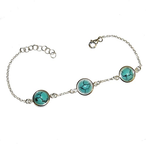 Bracelet Argent De Loi Et Turquoise Matrix Cabochons Ronds 8mm. 17 A 19cm - Picture 3 of 4