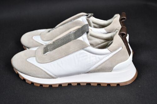 BRUNELLO CUCINELLI White Suede & Nylon Monili Trim Slip On Sneaker size 40
