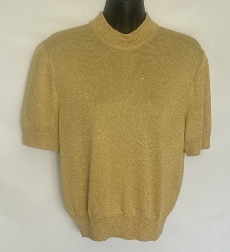 St John Basics Gold Shimmer Metallic Knit Sweater Back Zipper Size Small