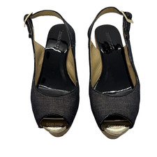 Jimmy Choo Praise Open Toe Slingback Wedge Blue Denim Italian Sizing 37 US 7