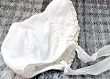 White w/ Swiss Dots Embroided Ribbon Ties Baby Bonnet Hat Vintage Lined Lovely