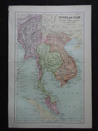 BURMA & SIAM; Original Vintage Map (c1890) Chambers - Thailand Vietnam Malay, 34 - Picture 2 of 4