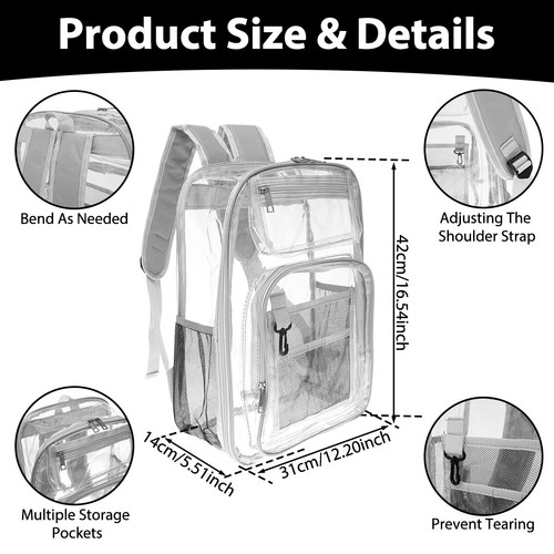 Clear Backpack Large Capacity Transparent School Bag with Multiple Pockets SG - Picture 12 of 18