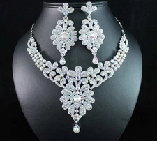 SPARKLE AB WHITE AUSTRIAN RHINESTONE CRYSTAL NECKLACE EARRINGS SET BRIDAL N1694