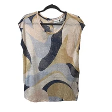 Rachel Zoe 100% Linen Cap Sleeve Cream Blue Abstract Top Womens Size L