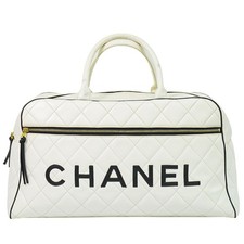 CHANEL Logo Matelasse Leather Boston Hand Bowling Bag White Gold