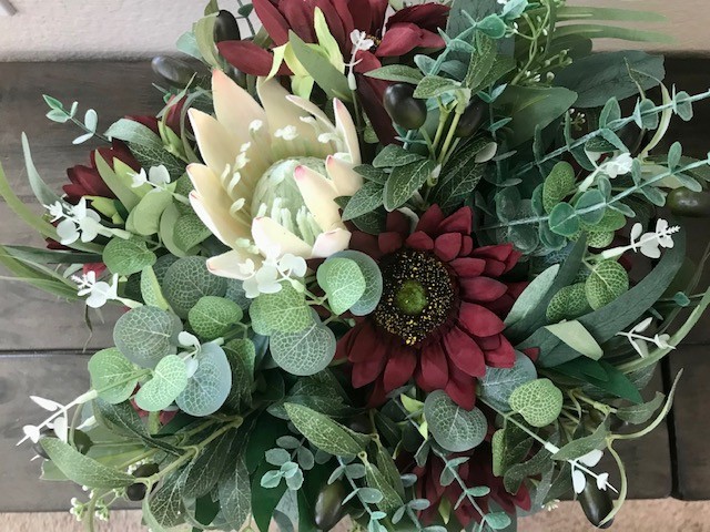 Floral Decor Mixed Bouquet, Green Cream Red Arrangement - Glass Vase - Gorgeous!