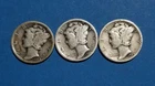 Lot of 3 Mercury Dimes,  1923-P, 24-P, 25-P, 90% silver,  circulated, $.30 FV