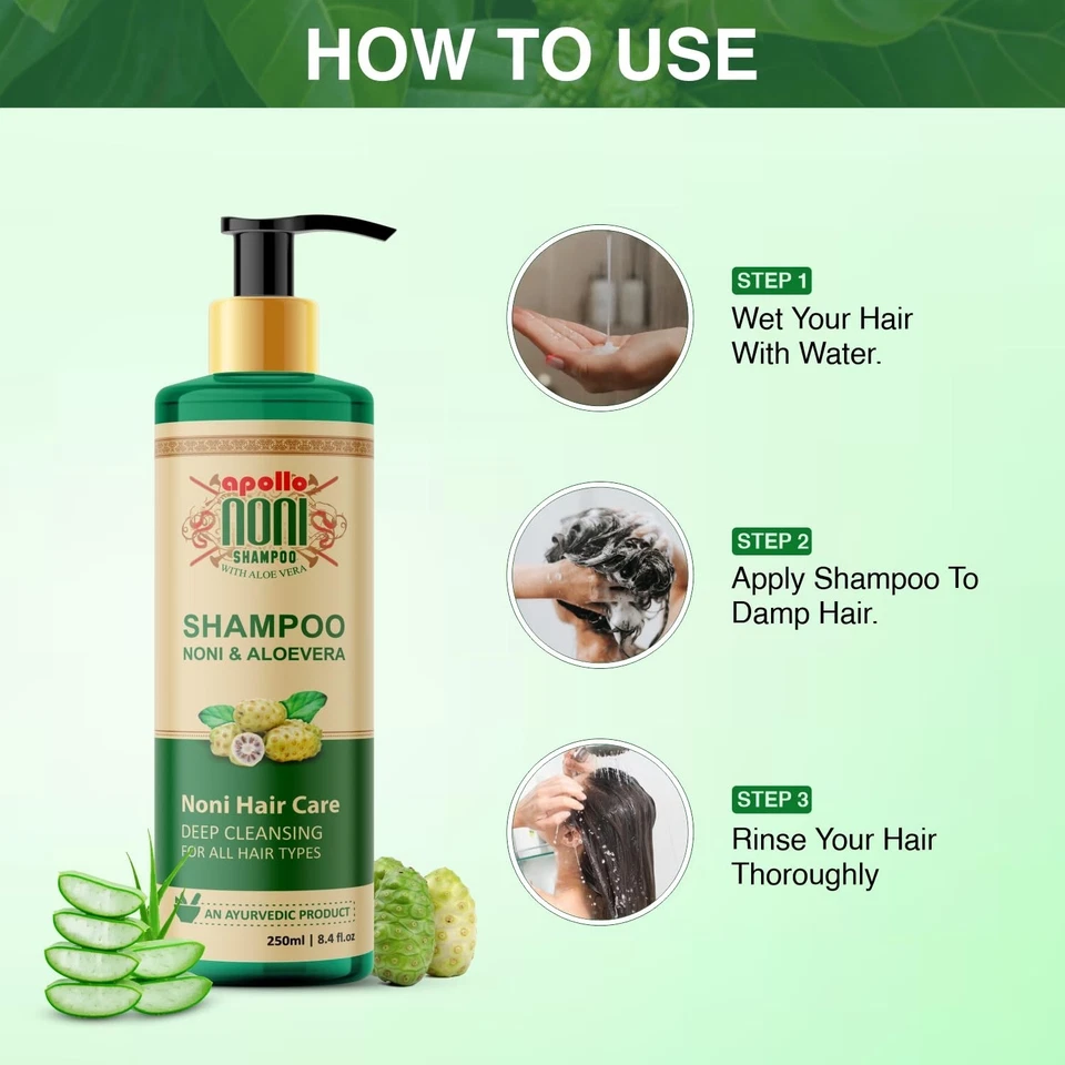 Apollo Noni Shampoo 250ml AloeVera,Deep Clean,Anti‑Dandruff,Hair‑Fall Control - Image 3 of 4
