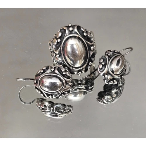 Vintage Solid Sterling Silver Oval Cabochon Ornate Ring & Earrings Set Ring SZ 8