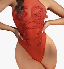 Red Sheer Mesh Floral Embroidered Bodysuit Size Large