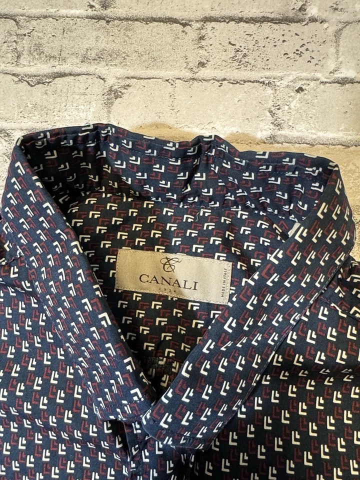 Canali Hombre S Pequeña Azul Patrón Geométrico Slim Fit Abotonada Camisa Informal Usada en Excelente Condición Foto 2 de 4