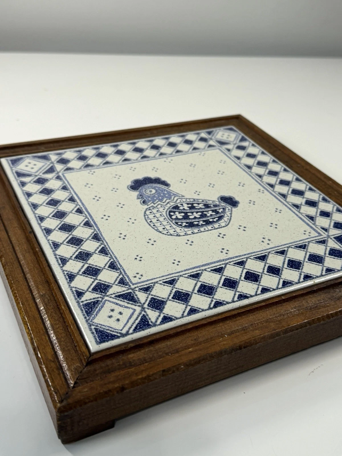 Vintage Piemme Blue & White Chicken Tile Trivet Wood Framed Farmhouse Wall Art - product detail image 9