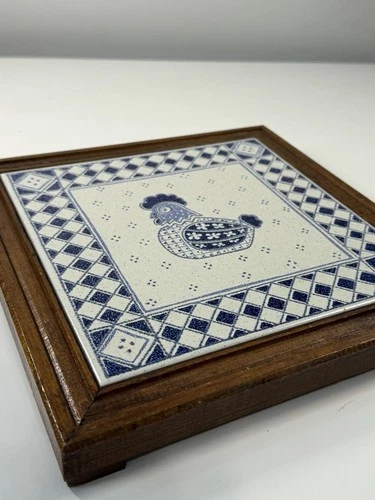 Vintage Piemme Blue & White Chicken Tile Trivet Wood Framed Farmhouse Wall Art image 9