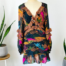 FARM RIO – JUNGLE POP MINI DRESS – SIZE M - TROPICAL PRINT - RUFFLES COLOURFUL
