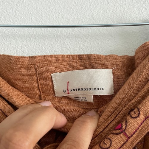 Anthropologie Mini Skirt Women 2 Rust Tan Embroidered A Line Boho Twee Pockets - Picture 8 of 8