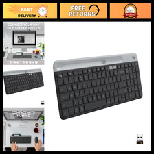 Slim Wireless Keyboard with Phone Cradle - Bluetooth, USB Receiver, Connect 2 De