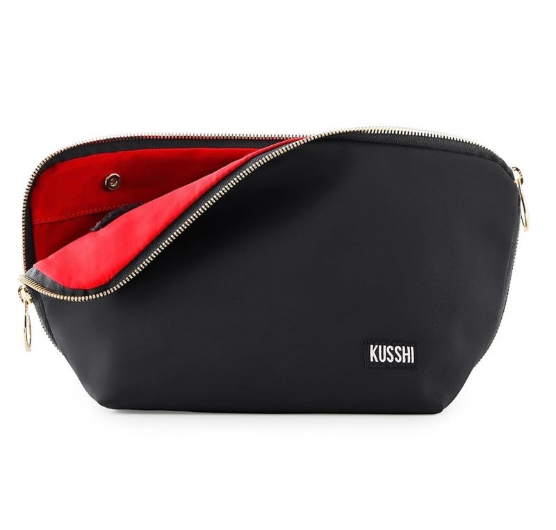 KUSSHI Washable Travel Makeup Bag for Everyday (Purse) Bag, Satin Black/Pink 