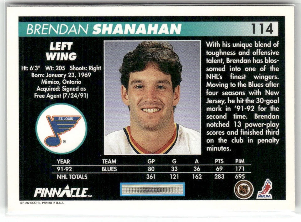 1992-93 PINNACLE #114 BRENDAN SHANAHAN ST. LOUIS BLUES - Image 2 of 2