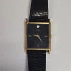Seiko Quartz Vintage Dress Watch Gold Tone Rectangle Black Dial Leather Strap