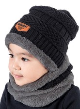 2Pcs Kids Winter Knitted Hats Scarf Set Warm Fleece Lining Cap for 5-14 Year ...