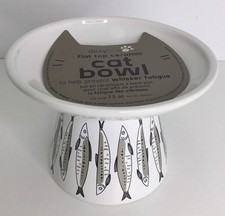 Raised Cat Kitten Food Bowl Elevated White with Fish Images NEW