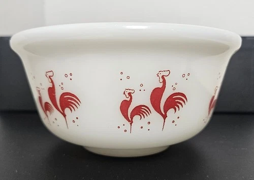 Vintage 1950s Hazel Atlas 6" Red Rooster Milk Glass x 3" Deep White Bowl