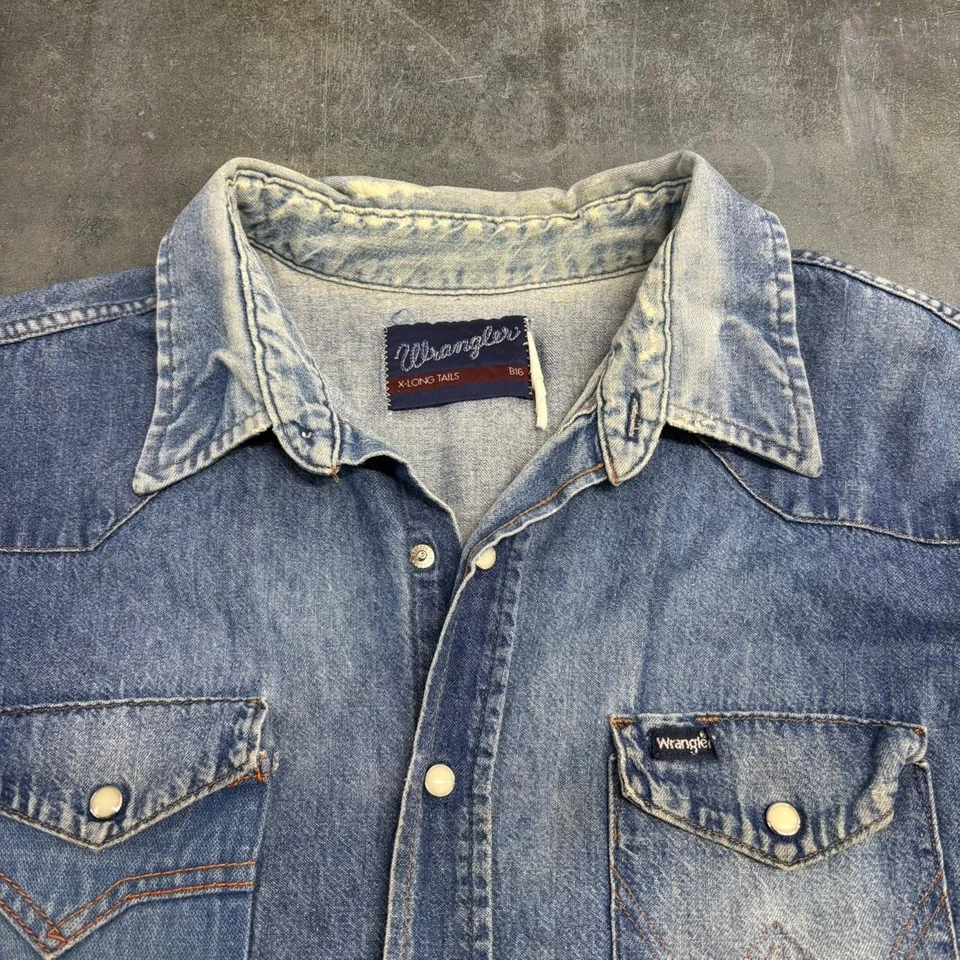 Denim Wrangler vintage años 80 perla botones a presión X colas largas reparado 2XL Foto 3 de 4