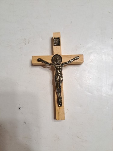 SMALL WOODEN CROSS / Gold Jesus Crucifix Wall Hanging