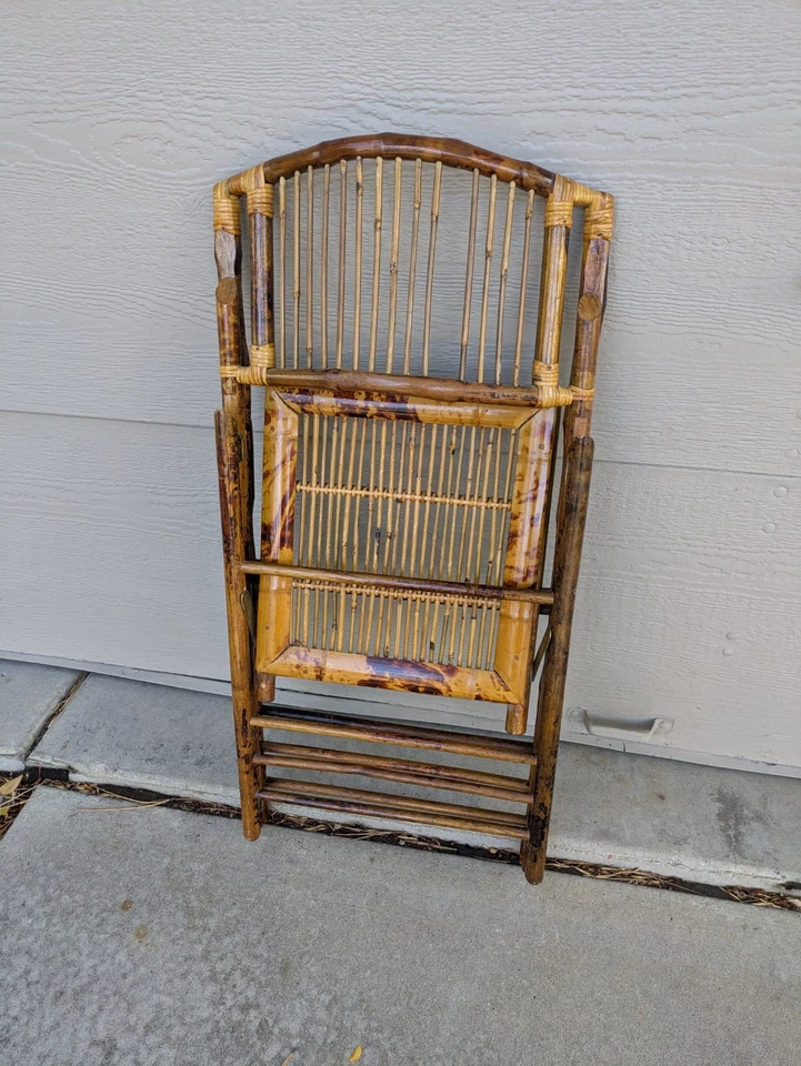 Vintage Burnt Tortoise Shell Bamboo Folding Chair Mid Century Modern Boho Chic - Image 2 of 4
