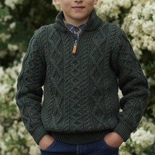 Aran Crafts boys size 4-5 yrs 100 Wool 1/2 Zip Cable Knit Irish green sweater