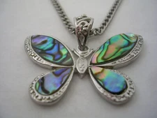 BUTTERFLY PENDANT WITH ABALONE AND CHAIN IN STAINLESS STEEL ALL HIGH POLISHED