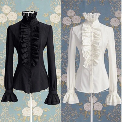 Viktorianische Bluse Damen Gothic Lolita Shirt Vintage Langarm Lotus Rüschen Top