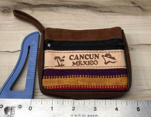 Carino portafoglio/portamonete fatto a mano Cancun Messico souvenir 2 tasche zip - Foto 3 di 3