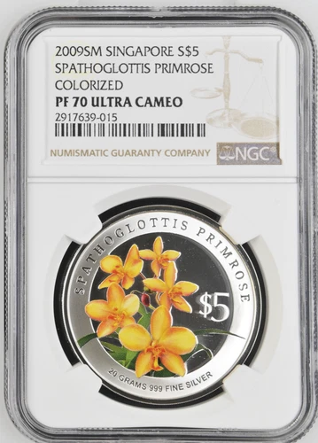 5 DOLLARS 2009 SINGAPORE SPATHOGLOTTIS PRIMROSE SILVER PROOF NGC PF70
