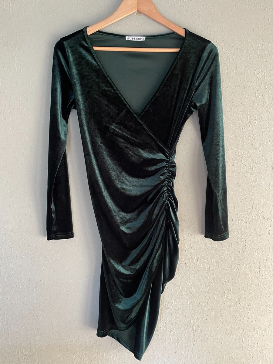 slim fit dress slacks Hunter Green Velvet Short Dress With Puff Sleeves main image 1
