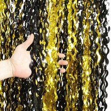 4 Pack Black and Gold Wavy Foil Fringe Curtains Pirthday Decorations3.3 ft x ...