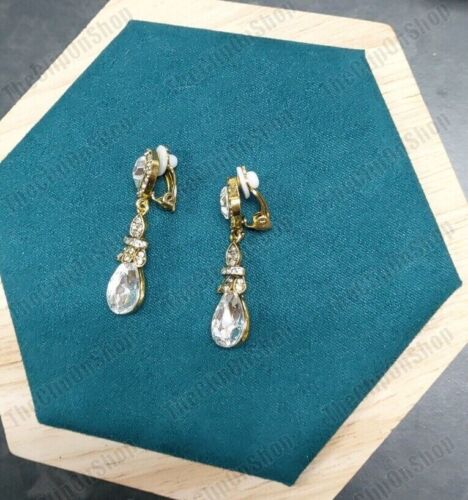 CLIP ON Rhinestone 4cm CRYSTAL Drop EARRINGS Antique Gold Tone Vintage Style - Picture 5 of 17