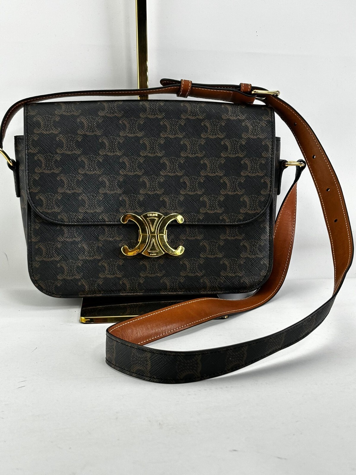 Authentic Celine Triomphe Logos Canvas Calfskin Golden Hardware Shoulder Bag