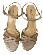 American Glamour Badgley Mischka Glitter Heels Strappy Sandals Rose Gold 9.5