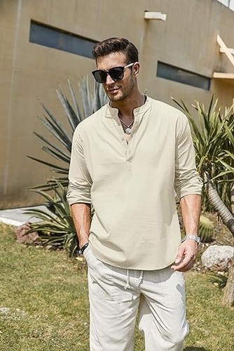 COOFANDY Men's Cotton Linen Henley T-Shirt Long Sleeve Hippie Casual Beach S - Picture 4 of 7
