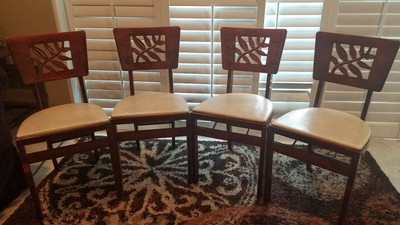 4 Vintage Stakmore Folding Chairs Wood W Cushioned Seat Mid Century Or Earlier Ebay