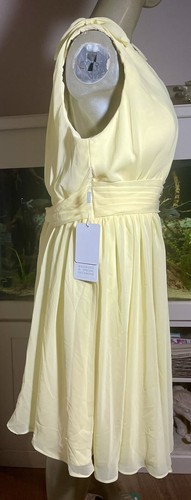 Abito da ballo damigella d'onore taglia 16 giallo pallido scollo a V lunghezza ginocchio chiffon fiocco volant - Foto 7 di 19