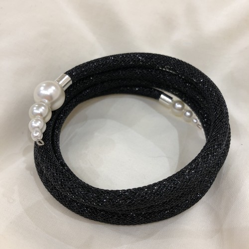 Gift. Handmade Black Shinny Nylon Mesh Tubing Bracelet, White Pearl - Jewellery - Picture 3 of 7